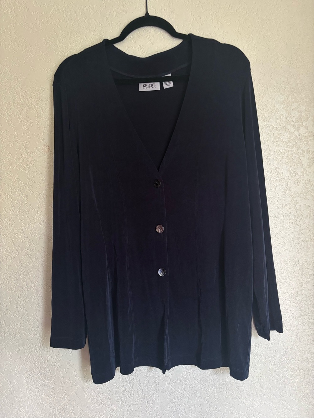 Chico's Travelers Cardigan Three Button V Neck L Sz2 (12) Navy Slinky Career